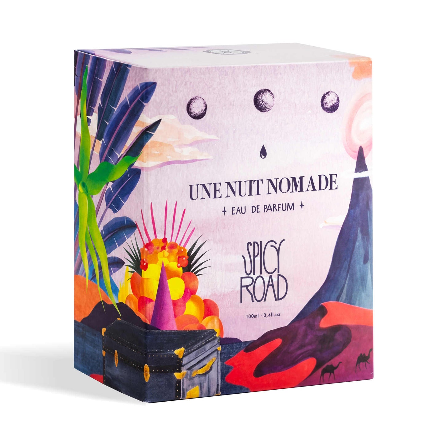 Colorful packaging of 'Une Nuit Nomade' perfume by 'Spicy Road' with artistic design elements.