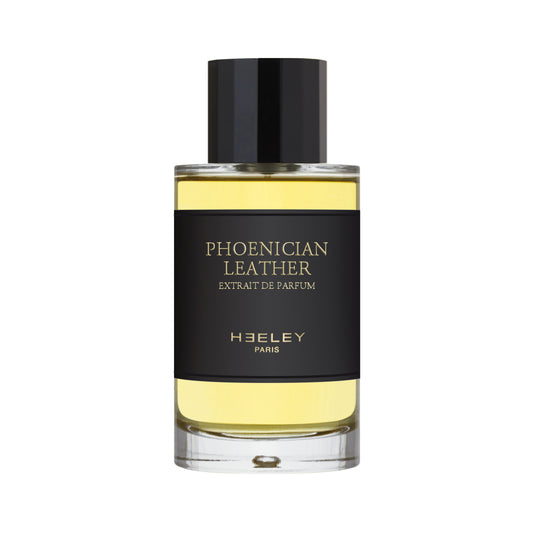 Perfume bottle labeled 'Phoenician Leather' by Heeley on a white background