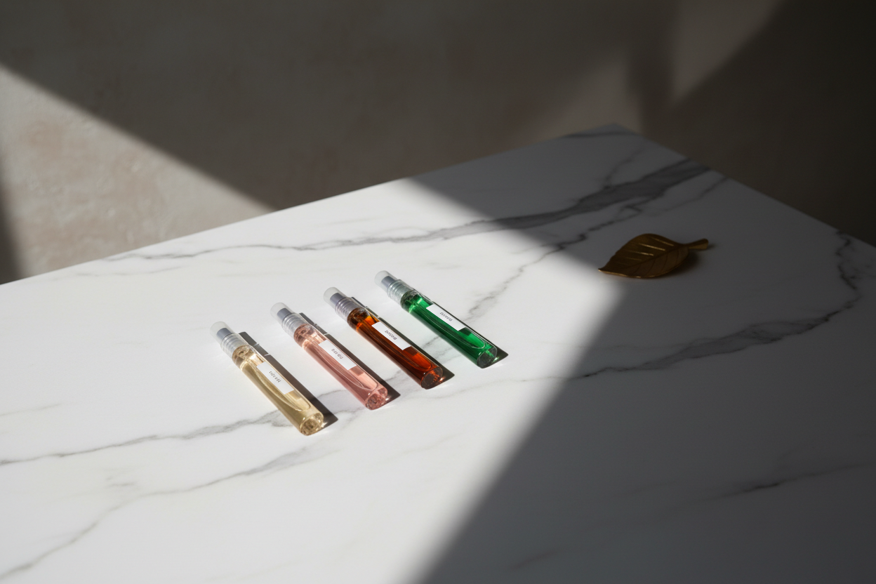 Five transparent vials with colored liquids on a marble surface